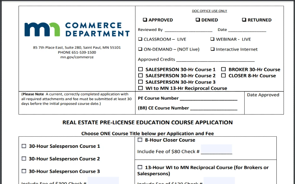 Screenshot of Minnesota Department of Commerce for real estate showing a PDF copy of the Pre-License Education Course Application form.