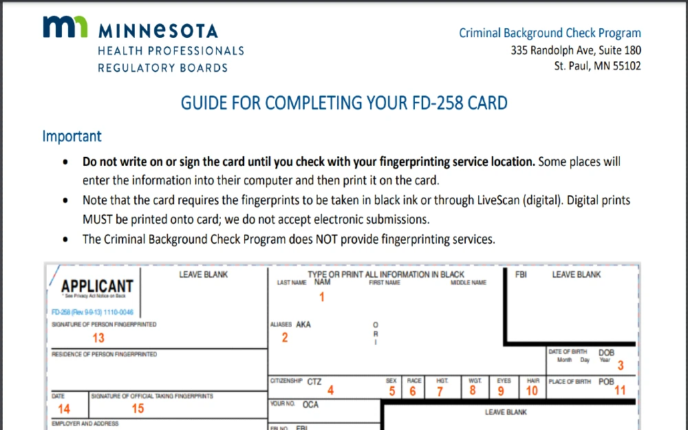 Screenshot of Minnesota Health Professionals Regulatory Boards website for forms showing a PDF guide on the dos and don'ts when filling out the FD-258 card.