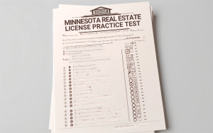 A stack of the Minnesota real estate license practice exam with multiple choice questions against white background.